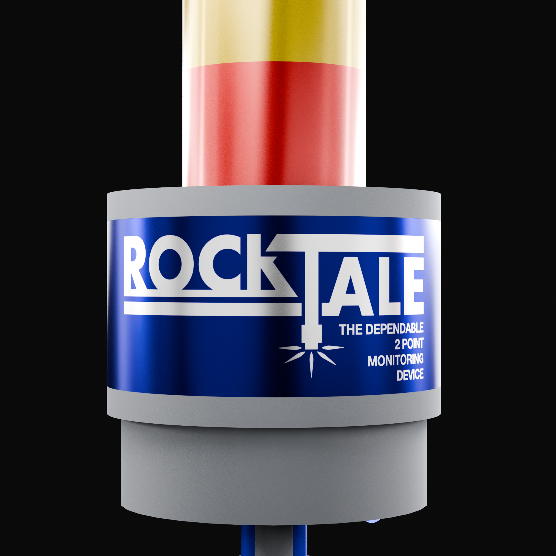 A front perspective rendering of the RockTale Device in blue packaging against a black background.