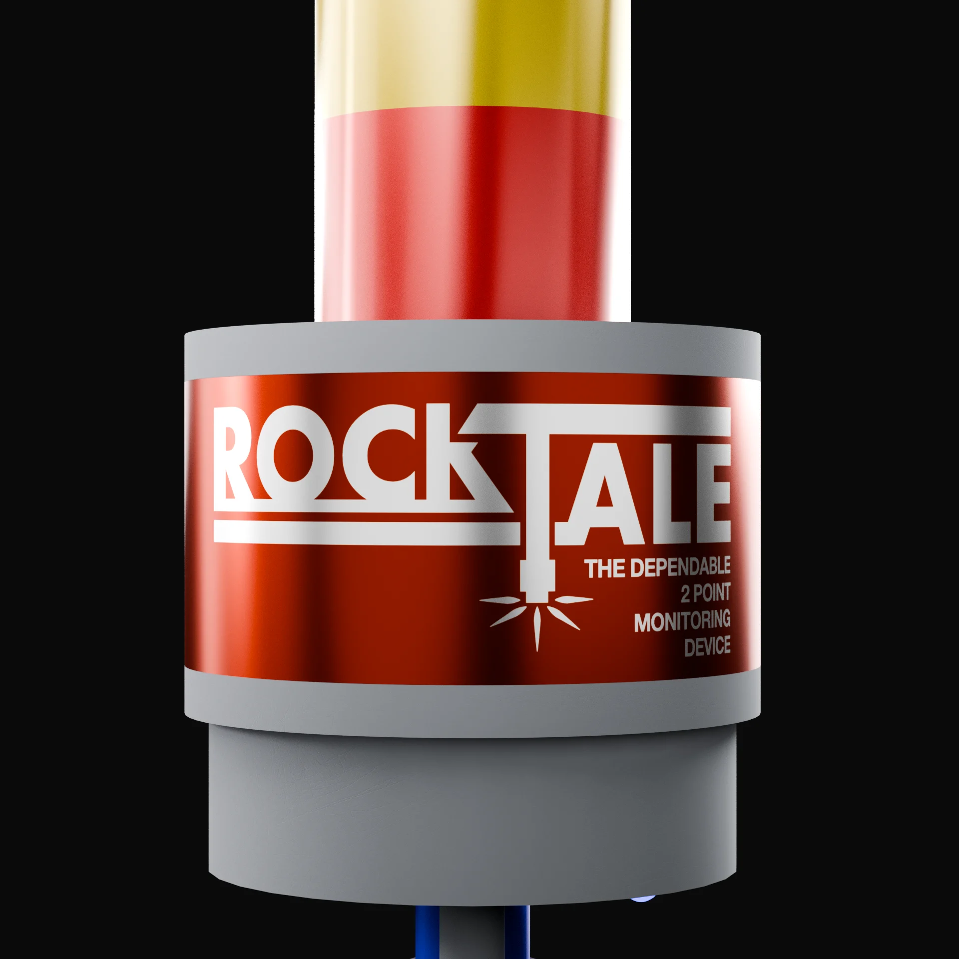 A front perspective rendering of the RockTale Device in red packaging against a black background.