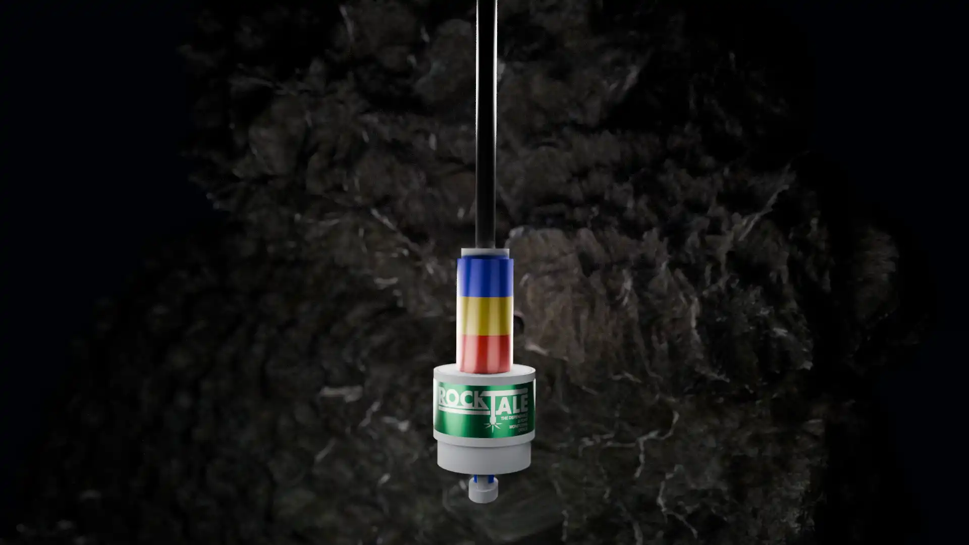 Front shot rendering of the RockTale Device in front of some rock strata.